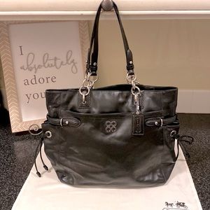 COACH black lamb skin leather tote. Chanel styled “C” logo on the front. #26430